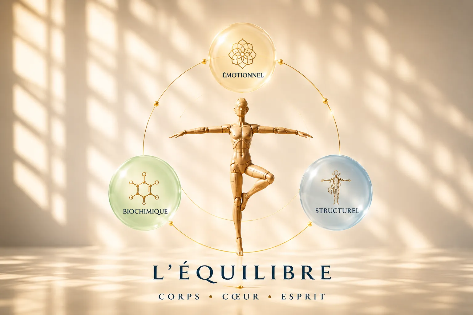 Illustration de l'équilibre en kinésiologie : corps, cœur et esprit — dimensions émotionnelle, biochimique et structurelle.